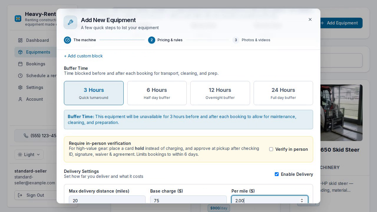 Delivery settings: a 20-mile range at $2.00 per mile.