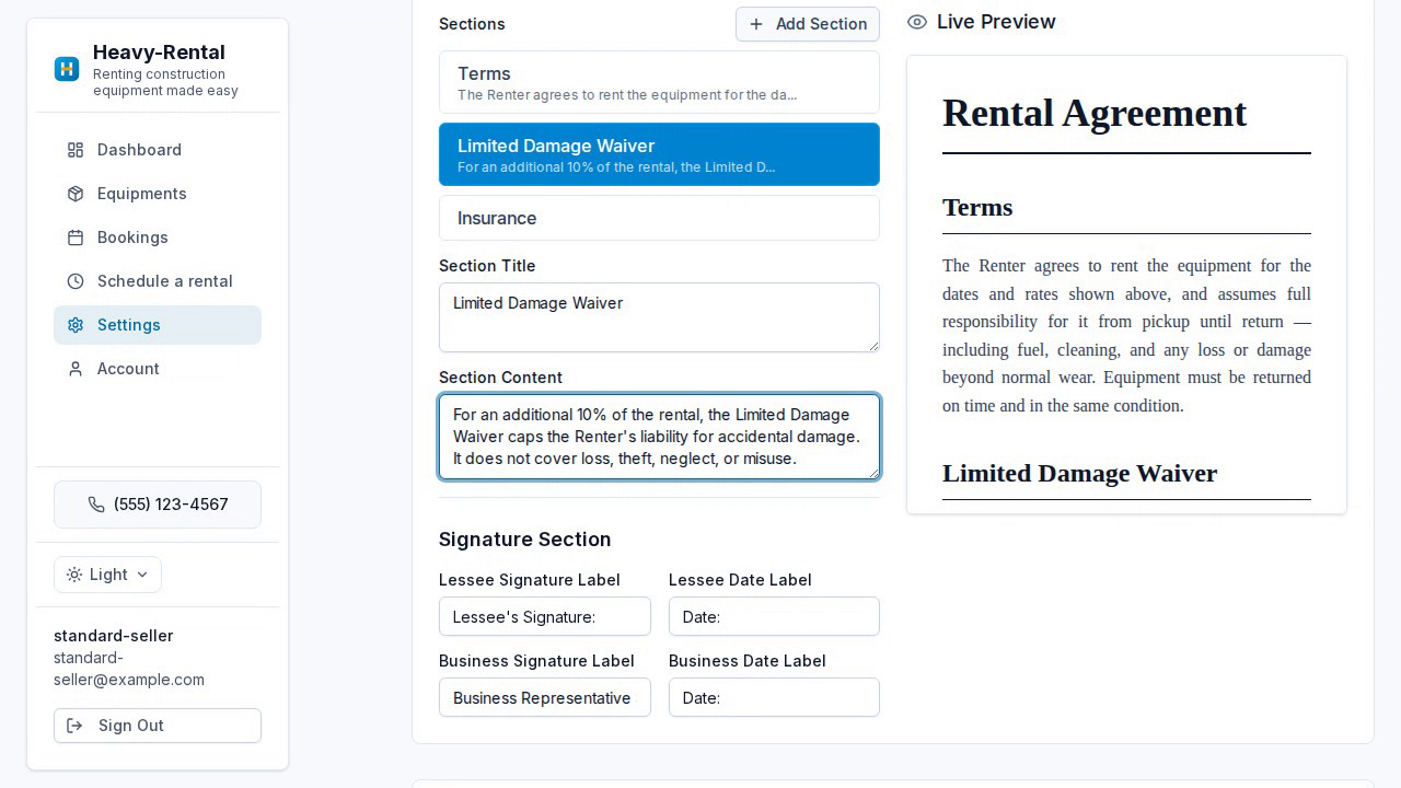 Agreement and damage waiver, rendered and ready to sign.